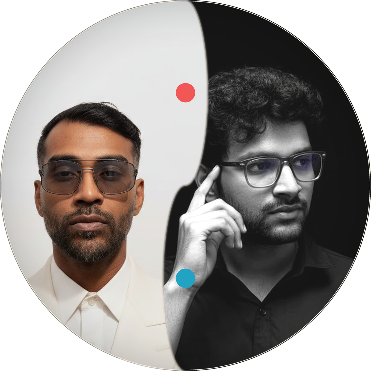 Finzarc's two co-founders as a yin-yang — Piyush Kumar in light on the left, Abhinav Tripathi in dark on the right